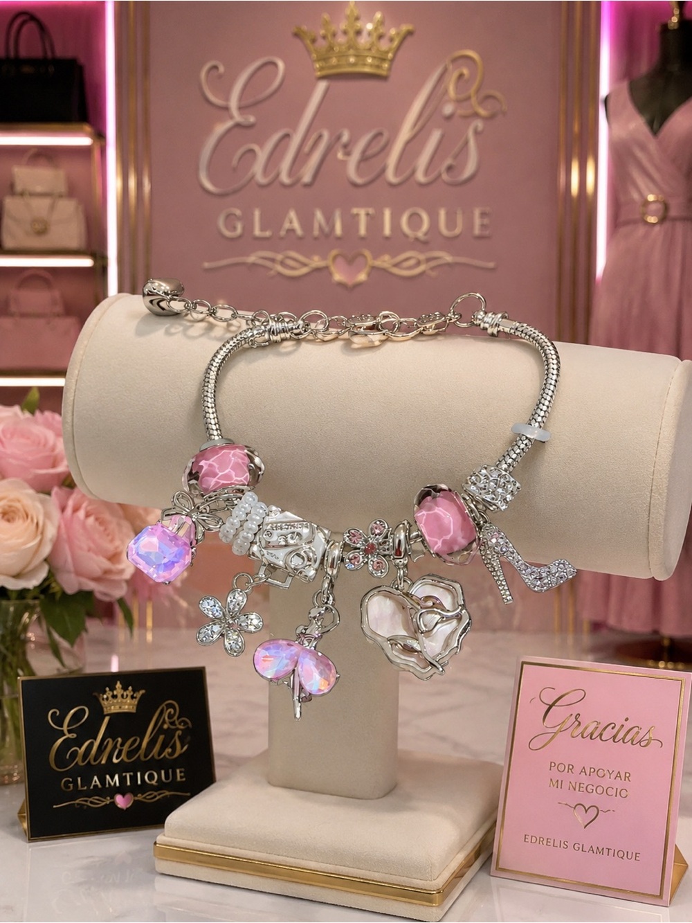 Pink Charm Bracelet - Silver with Pink Accents